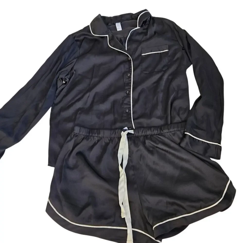 Satin Chic Pajama Set BLK/White Piping Button‑Up Top & Drawstring Shorts Medium